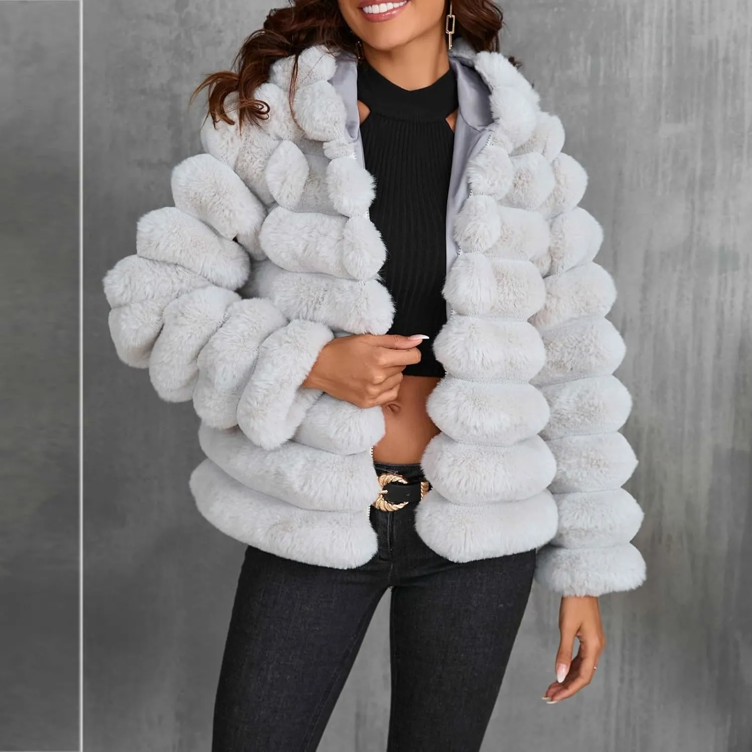 Womens Winter Faux Fur Coats Oversized Fluffy Fuzzy Fleece Jacket Plus Size Long Sleeve Thick Hoodies Outfits Tops