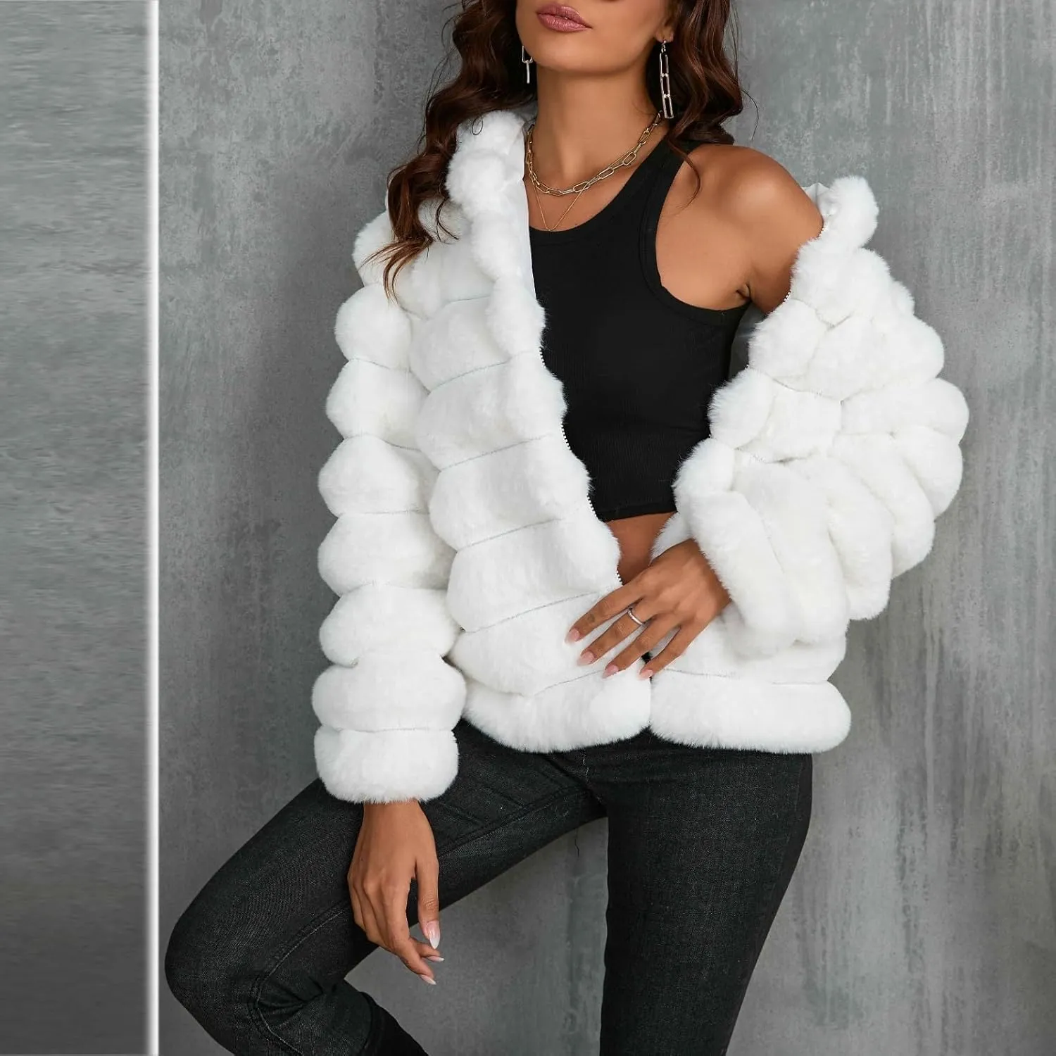 Womens Winter Faux Fur Coats Oversized Fluffy Fuzzy Fleece Jacket Plus Size Long Sleeve Thick Hoodies Outfits Tops