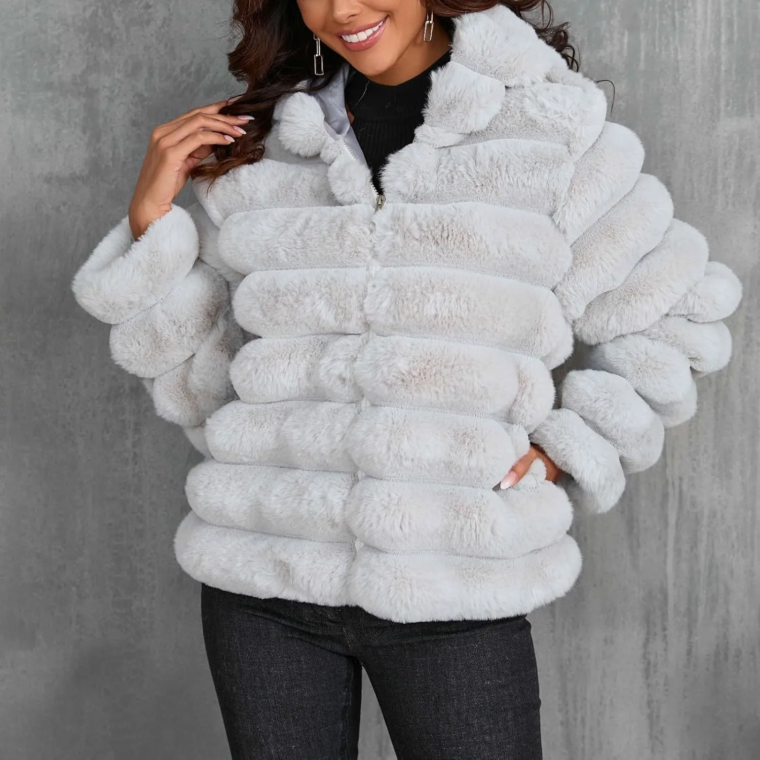 Womens Winter Faux Fur Coats Oversized Fluffy Fuzzy Fleece Jacket Plus Size Long Sleeve Thick Hoodies Outfits Tops