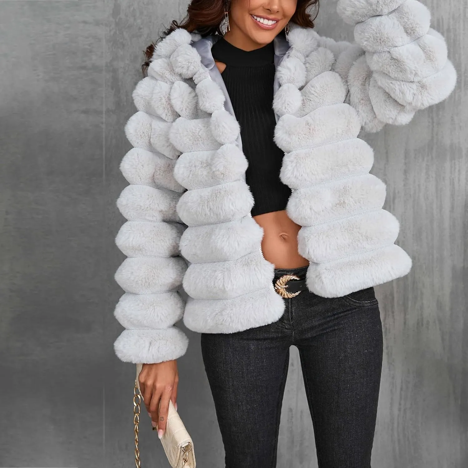 Womens Winter Faux Fur Coats Oversized Fluffy Fuzzy Fleece Jacket Plus Size Long Sleeve Thick Hoodies Outfits Tops
