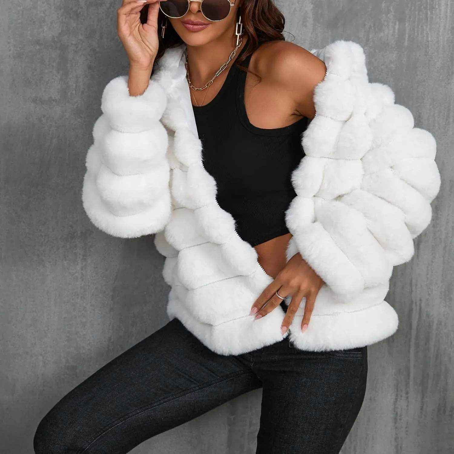 Womens Winter Faux Fur Coats Oversized Fluffy Fuzzy Fleece Jacket Plus Size Long Sleeve Thick Hoodies Outfits Tops