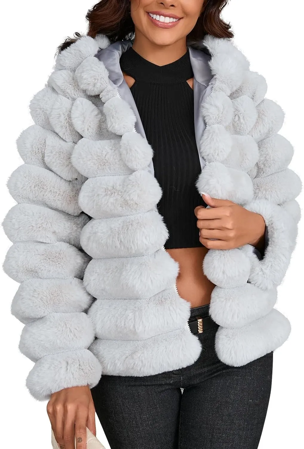 Womens Winter Faux Fur Coats Oversized Fluffy Fuzzy Fleece Jacket Plus Size Long Sleeve Thick Hoodies Outfits Tops