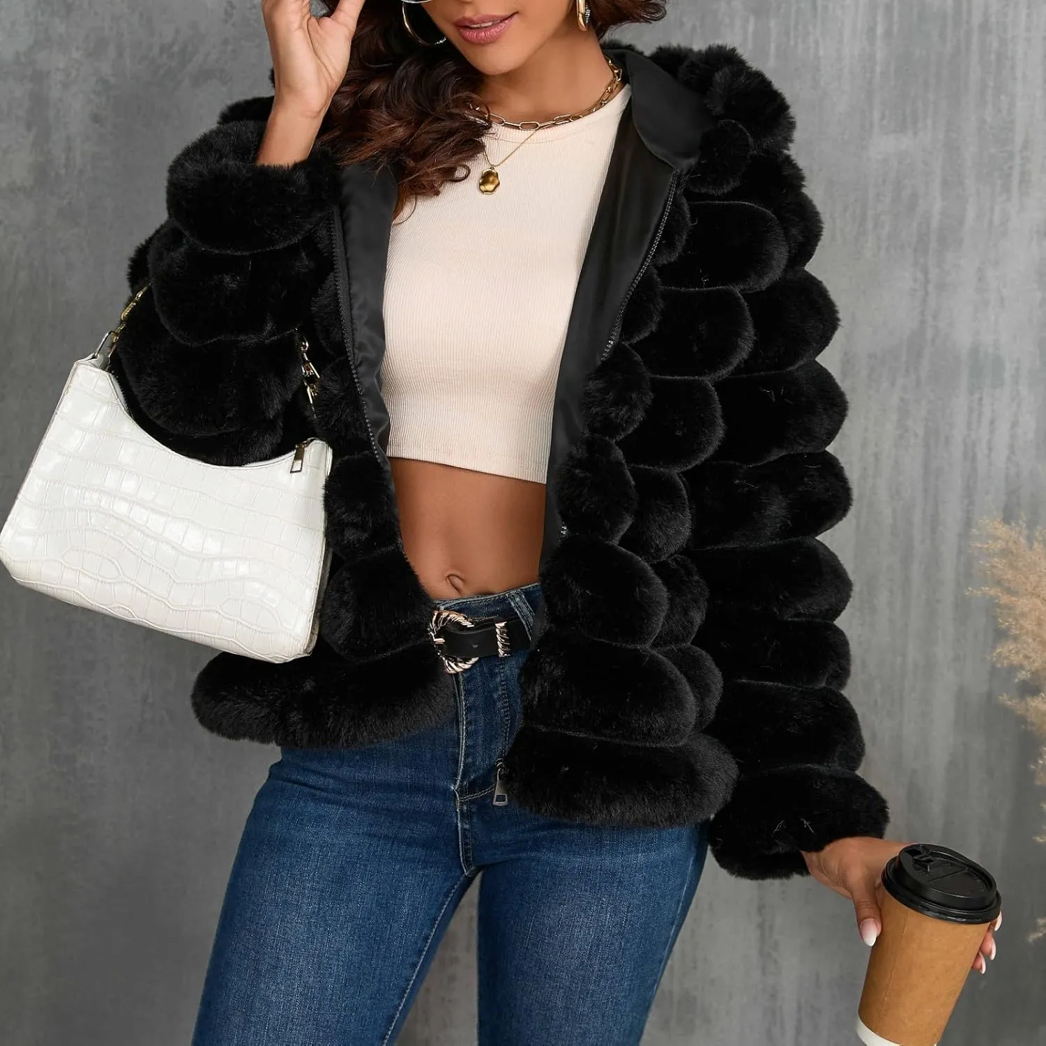 Womens Winter Faux Fur Coats Oversized Fluffy Fuzzy Fleece Jacket Plus Size Long Sleeve Thick Hoodies Outfits Tops