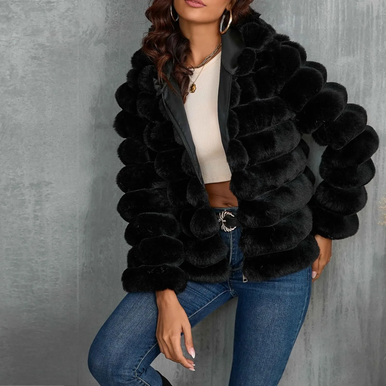 Womens Winter Faux Fur Coats Oversized Fluffy Fuzzy Fleece Jacket Plus Size Long Sleeve Thick Hoodies Outfits Tops