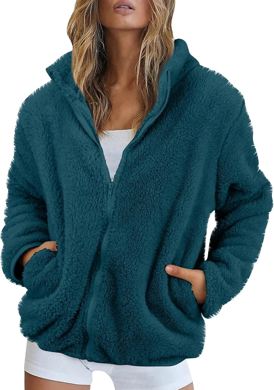 Women's Winter Fleece Sweatshirt Jacket Full Zip Sherpa Fur Hooded Jacket Lightweight Shaggy Teddy Coat Outerwear
