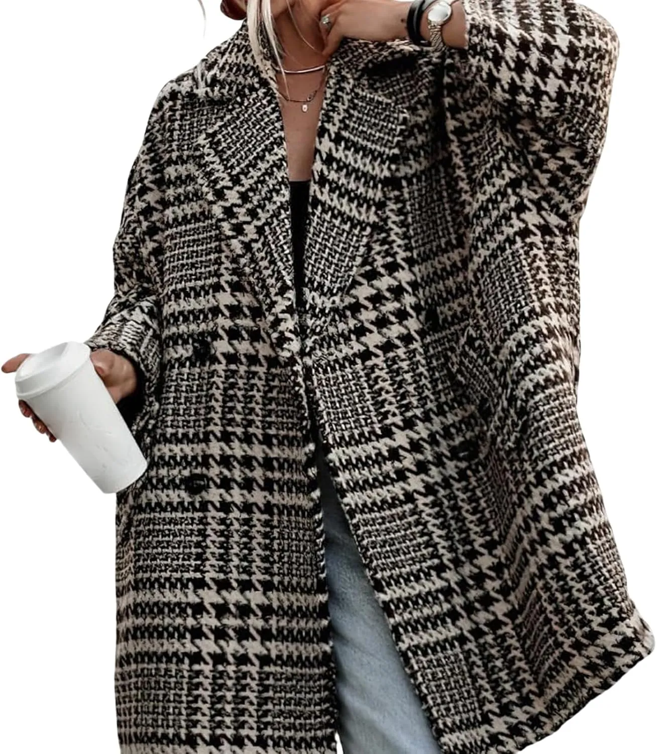 Women's Winter Houndstooth Wool Blend Coat Notch Lapel Loose Warm Mid Length Double Breasted Peacoat
