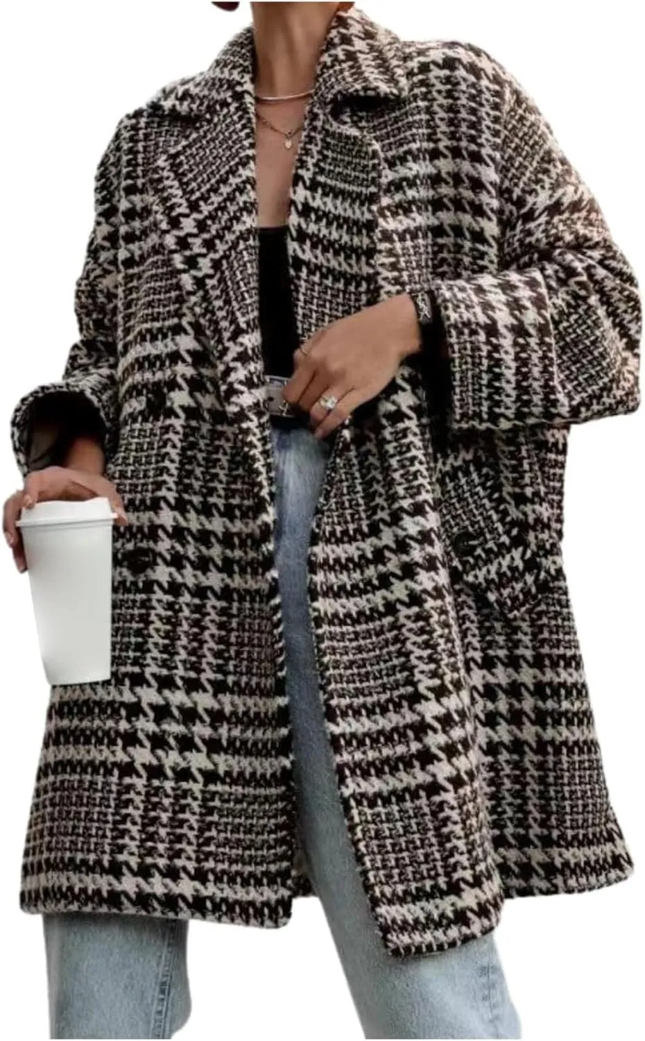 Women's Winter Houndstooth Wool Blend Coat Notch Lapel Loose Warm Mid Length Double Breasted Peacoat