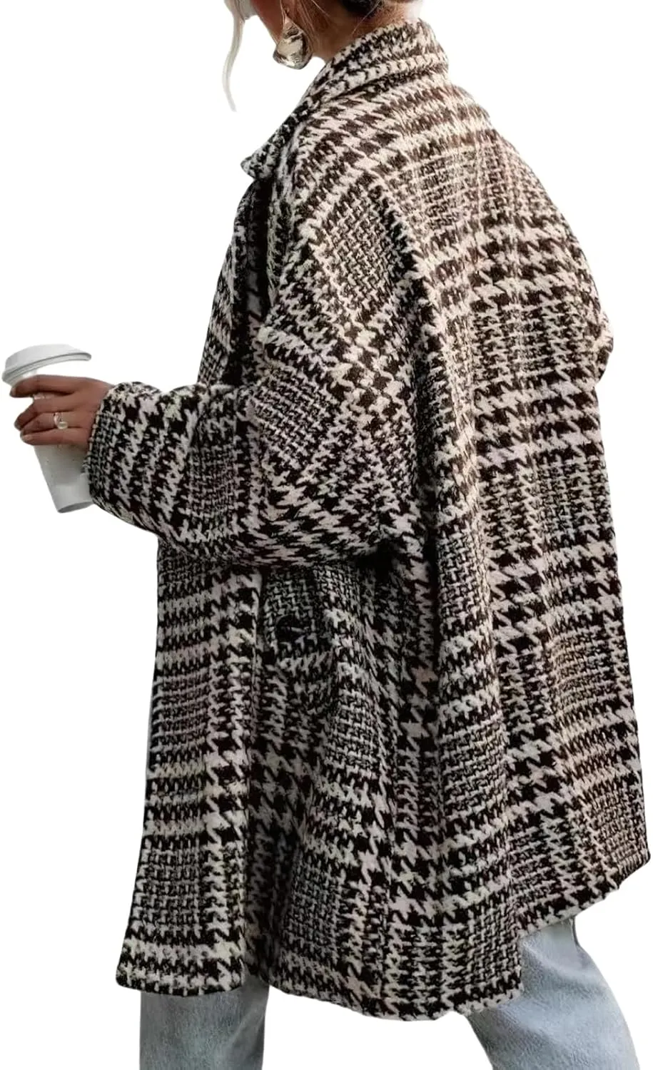 Women's Winter Houndstooth Wool Blend Coat Notch Lapel Loose Warm Mid Length Double Breasted Peacoat