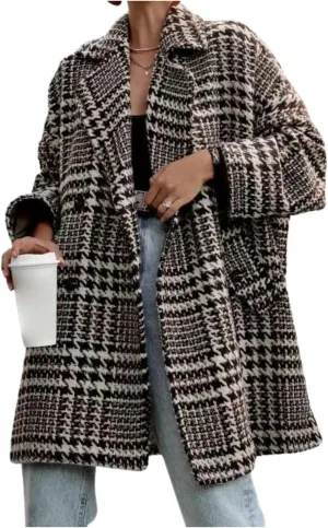 Women's Winter Houndstooth Wool Blend Coat Notch Lapel Loose Warm Mid Length Double Breasted Peacoat