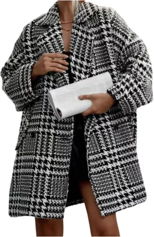 Women's Winter Houndstooth Wool Blend Coat Notch Lapel Loose Warm Mid Length Double Breasted Peacoat