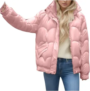 Women's Winter Stand Collar Coat Puffer Jacket Baggy Short Padded Down Coats Long Sleeve Full Zip Quilted Jackets