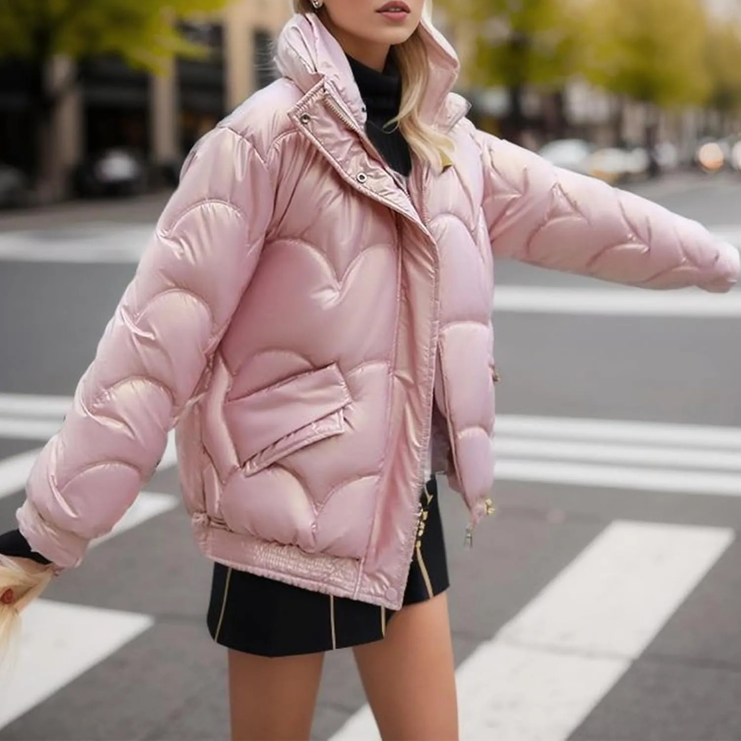 Women's Winter Stand Collar Coat Puffer Jacket Baggy Short Padded Down Coats Long Sleeve Full Zip Quilted Jackets