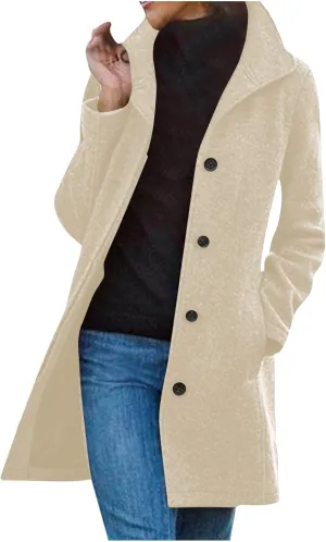 Women's Winter Thicken Wool Blend Lapel Trench Coat Plus Size Fleece Lined Button Down Long Outerwear with Pocket