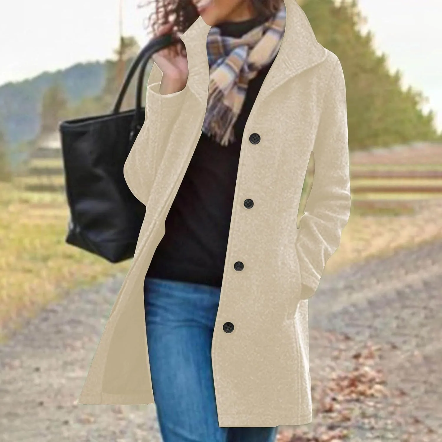 Women's Winter Thicken Wool Blend Lapel Trench Coat Plus Size Fleece Lined Button Down Long Outerwear with Pocket