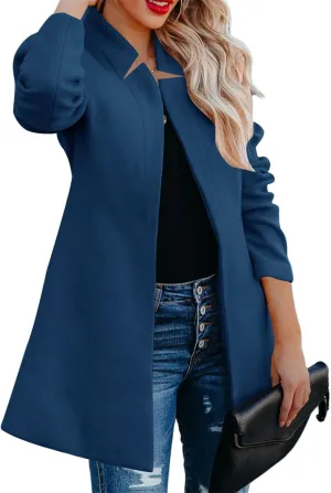 Womens Winter Wool Blend Coats Stand Collar Mid Long Pea Trench Coat Open Front Jackets Cardigans Overcoat Outwear