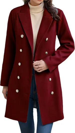 Women's Winter Wool Coat Elegant Notched Collar Double Breasted Wool Blend Over Coat Jacket Mid Long Pea Trench Coat