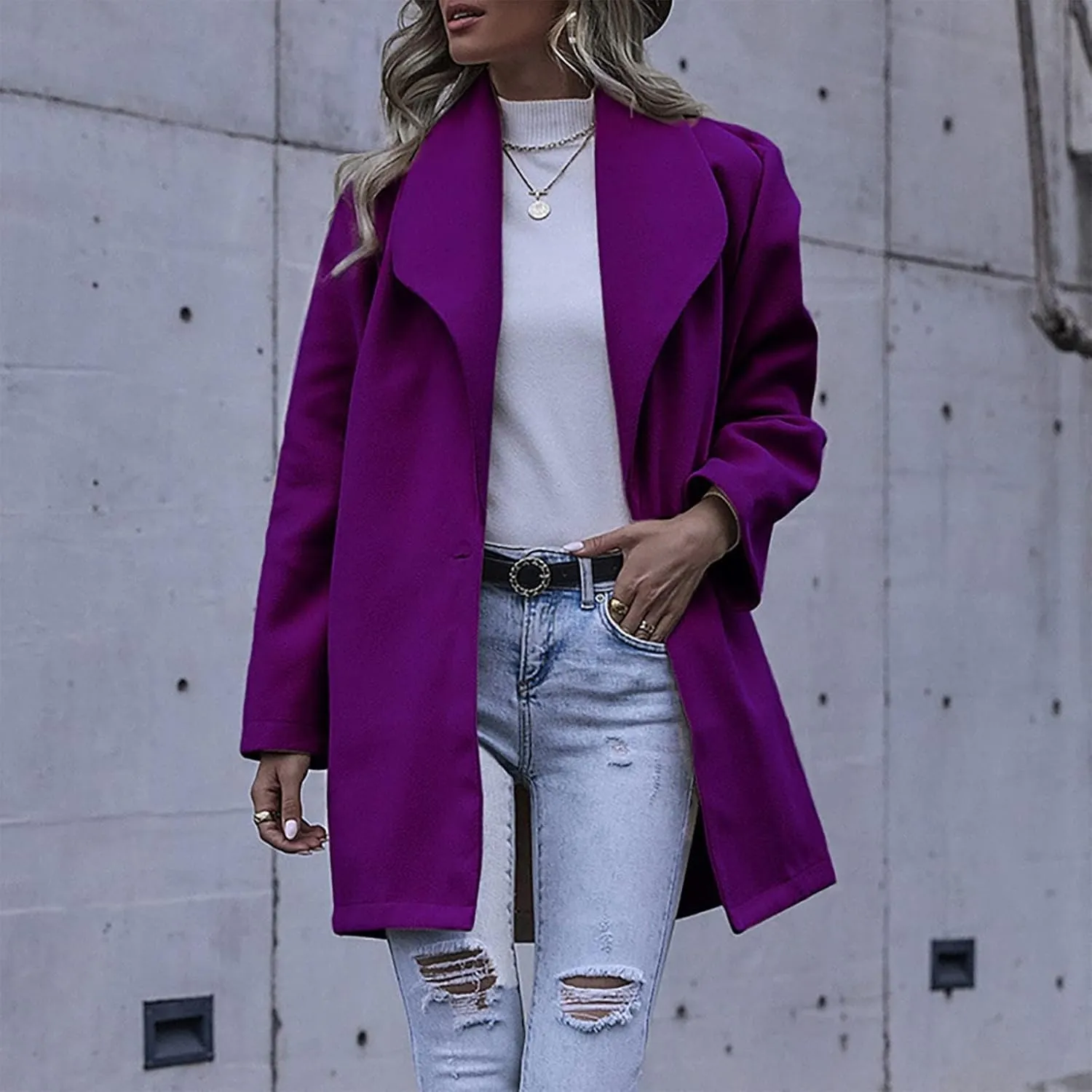 Women's Wool Blend Coat Double Button Notched Lapel Trench Coats Dressy Long Sleeve Business Jacket Outwear Overcoat