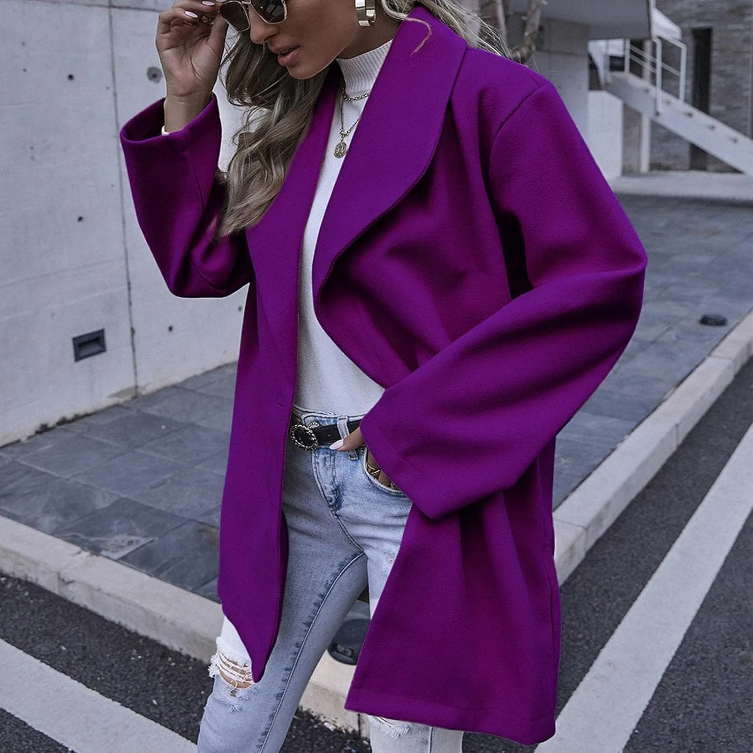 Women's Wool Blend Coat Double Button Notched Lapel Trench Coats Dressy Long Sleeve Business Jacket Outwear Overcoat