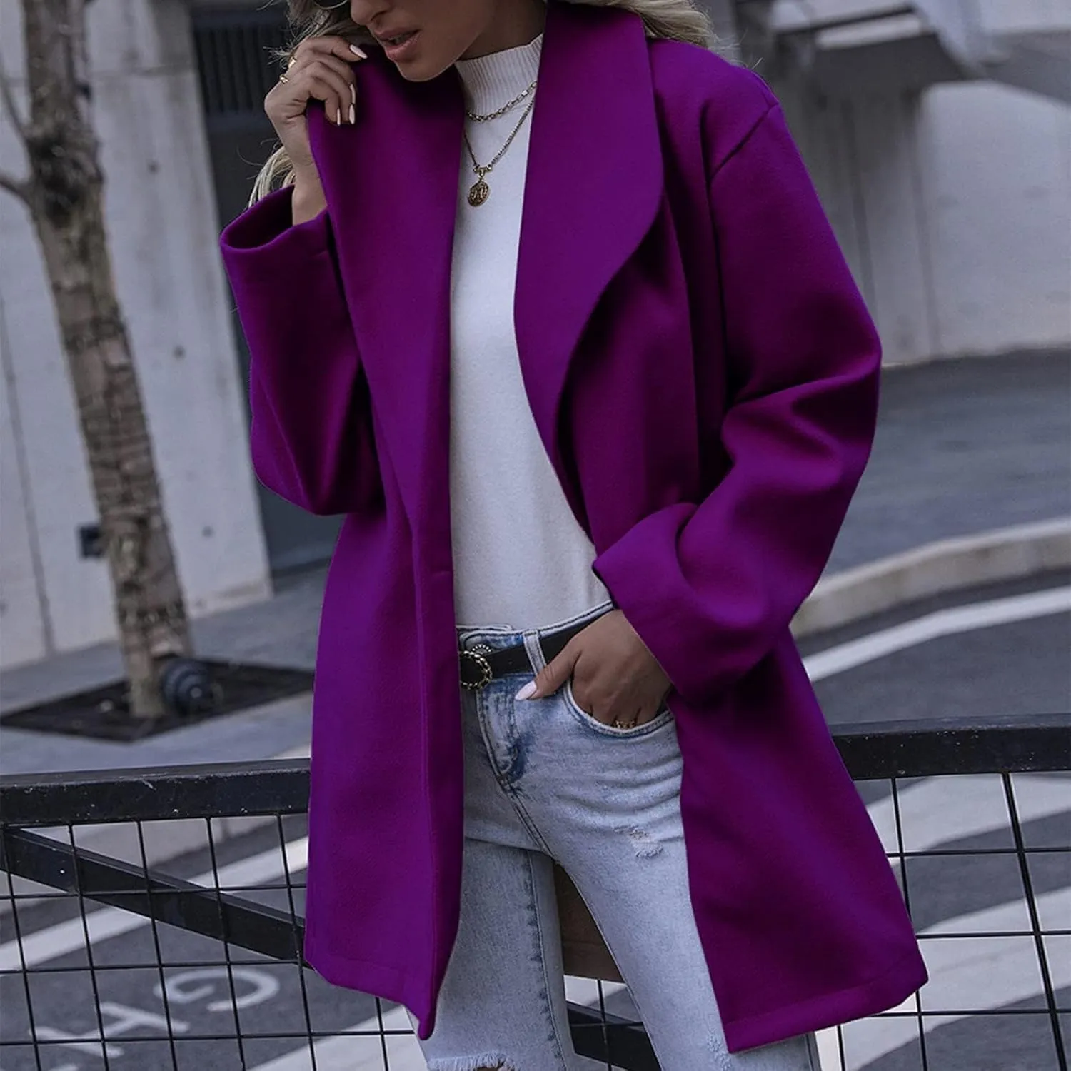 Women's Wool Blend Coat Double Button Notched Lapel Trench Coats Dressy Long Sleeve Business Jacket Outwear Overcoat