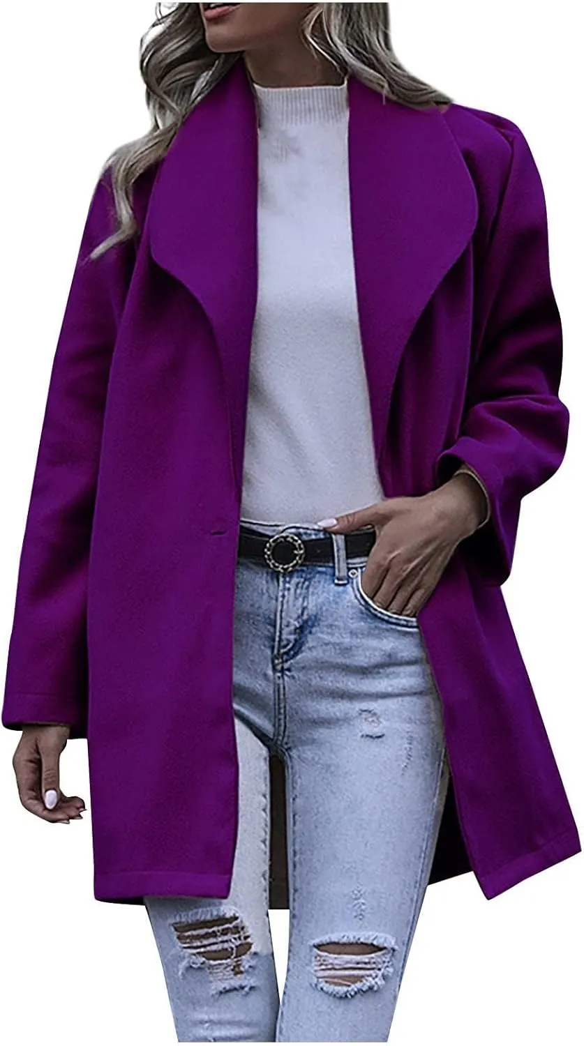 Women's Wool Blend Coat Double Button Notched Lapel Trench Coats Dressy Long Sleeve Business Jacket Outwear Overcoat