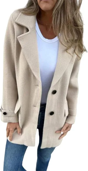 Womens Wool Blend Coat Notched Lapel Jacket Open Front Botton Down Cozy Warm Outerwear