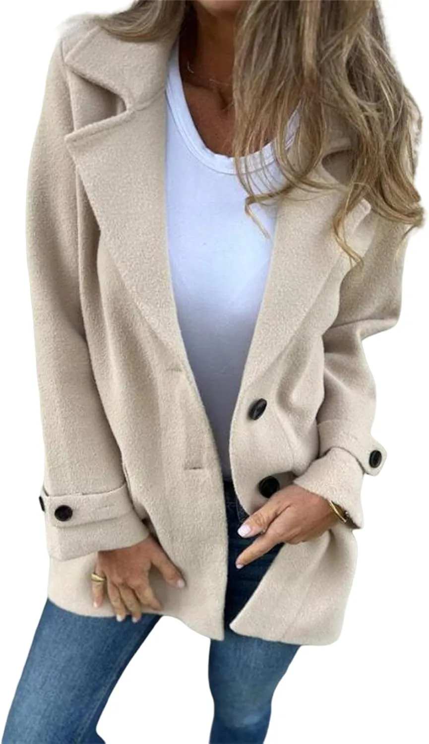 Womens Wool Blend Coat Notched Lapel Jacket Open Front Botton Down Cozy Warm Outerwear