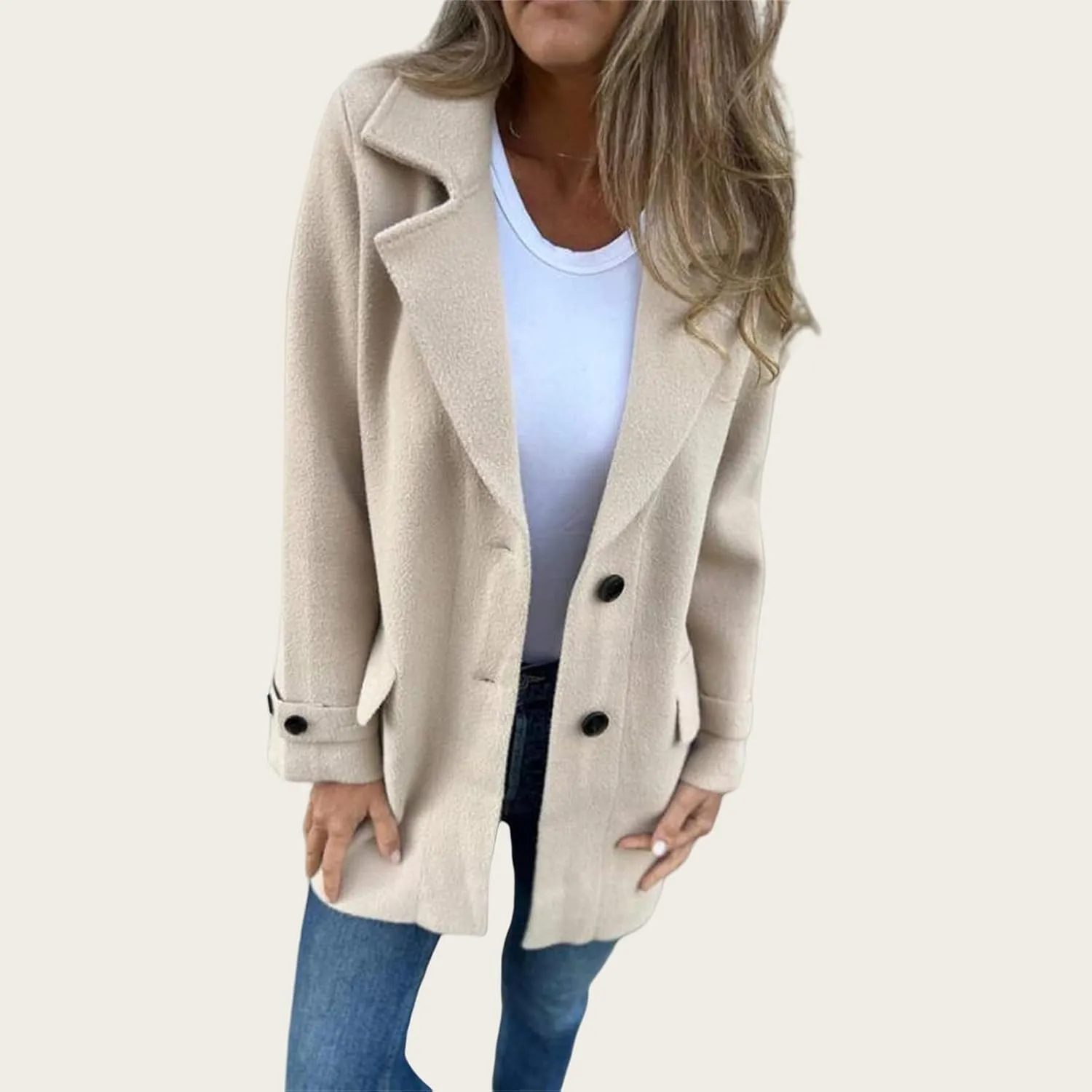 Womens Wool Blend Coat Notched Lapel Jacket Open Front Botton Down Cozy Warm Outerwear