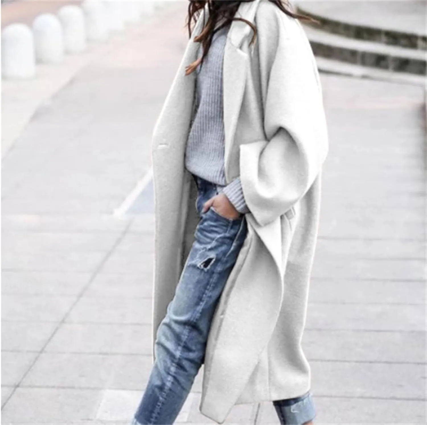 Womens Wool Blend Coat Oversized Notched Collar Pea Coat Single Breasted Overcoat Winter