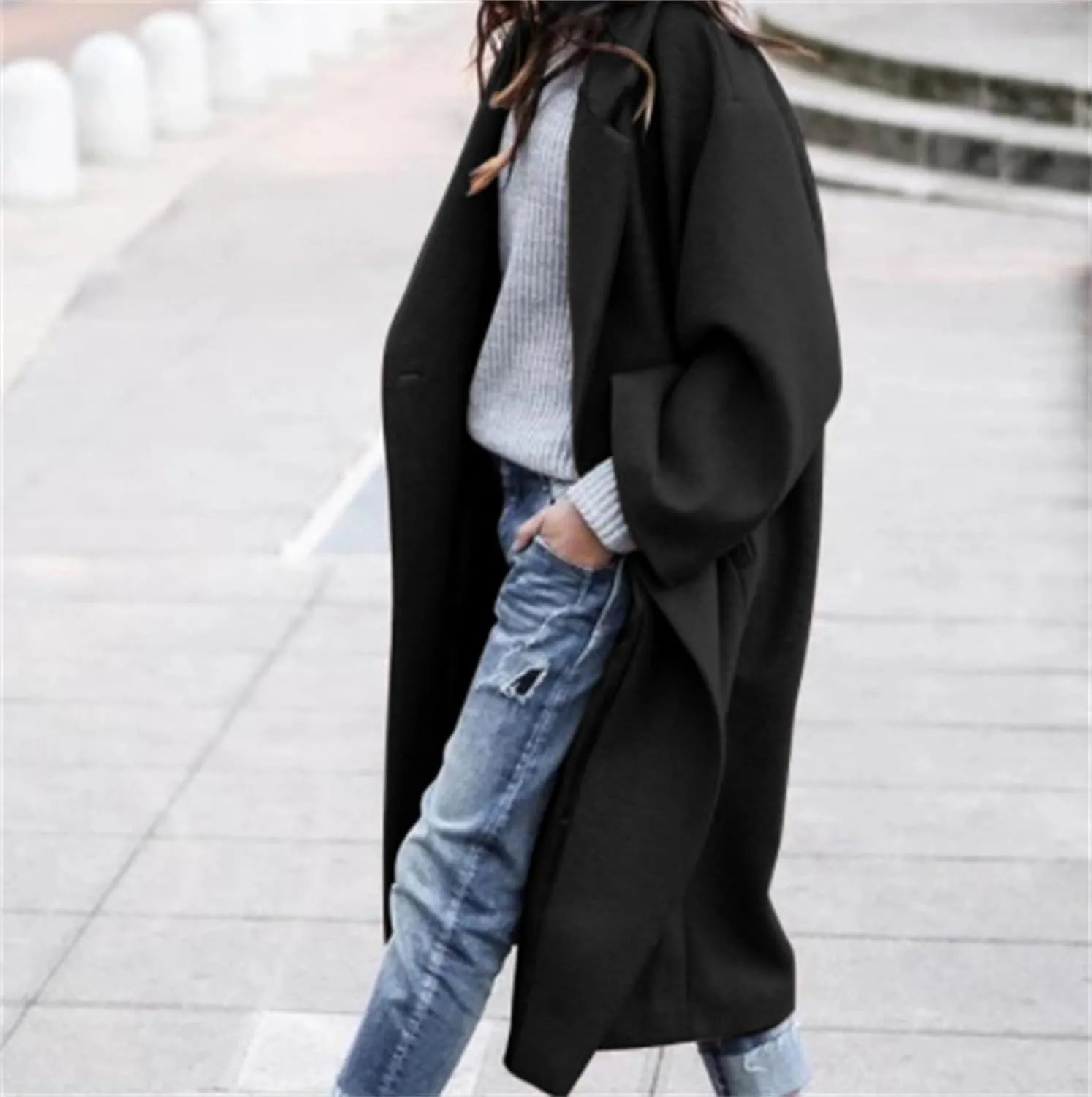 Womens Wool Blend Coat Oversized Notched Collar Pea Coat Single Breasted Overcoat Winter
