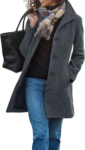Womens Wool Blend Coat Stand Collar Single Breasted Outwear Winter Coat Casual Thicken Peacoat