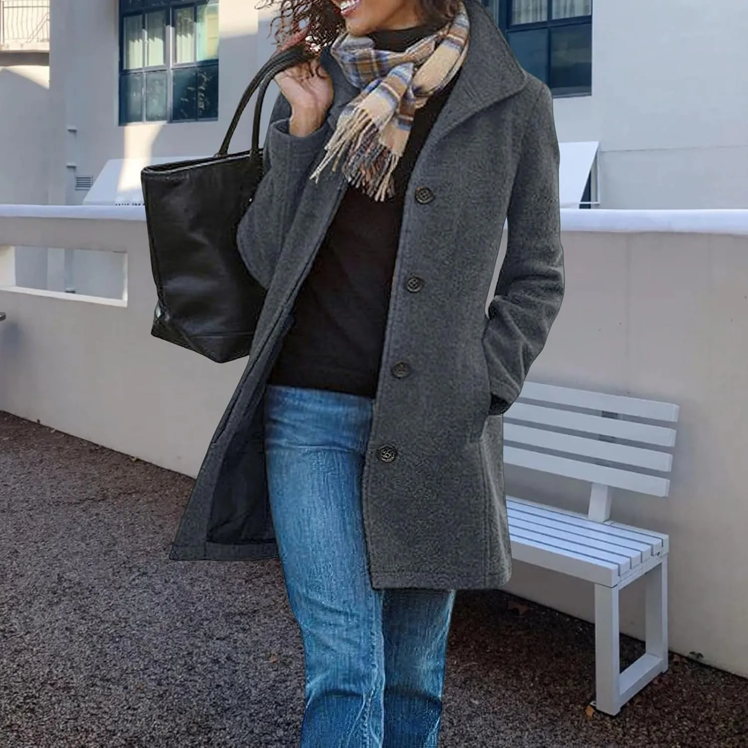 Womens Wool Blend Coat Stand Collar Single Breasted Outwear Winter Coat Casual Thicken Peacoat