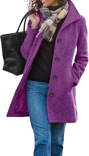 Womens Wool Blend Coat Stand Collar Single Breasted Outwear Winter Coat Casual Thicken Peacoat