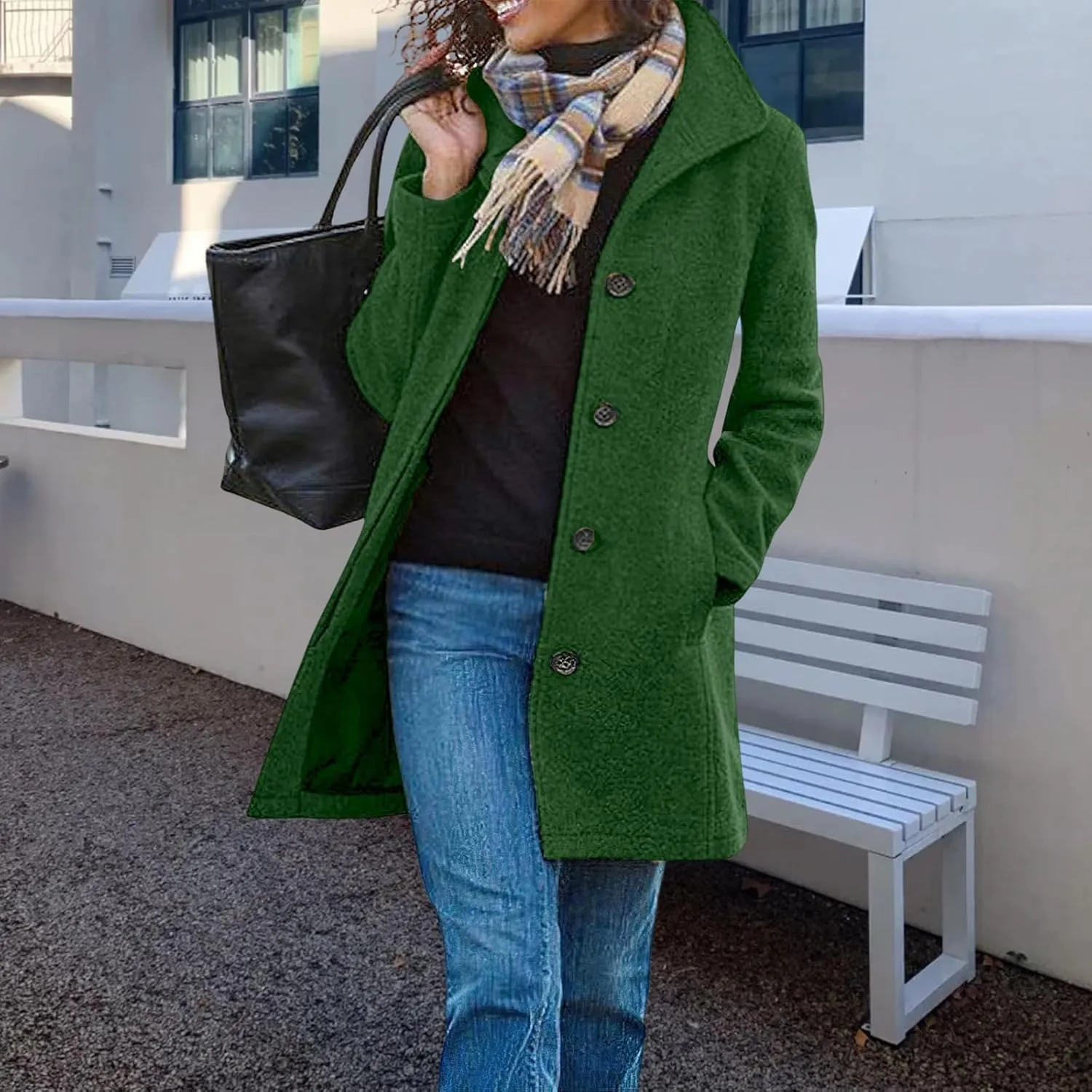 Womens Wool Blend Coat Stand Collar Single Breasted Outwear Winter Coat Casual Thicken Peacoat