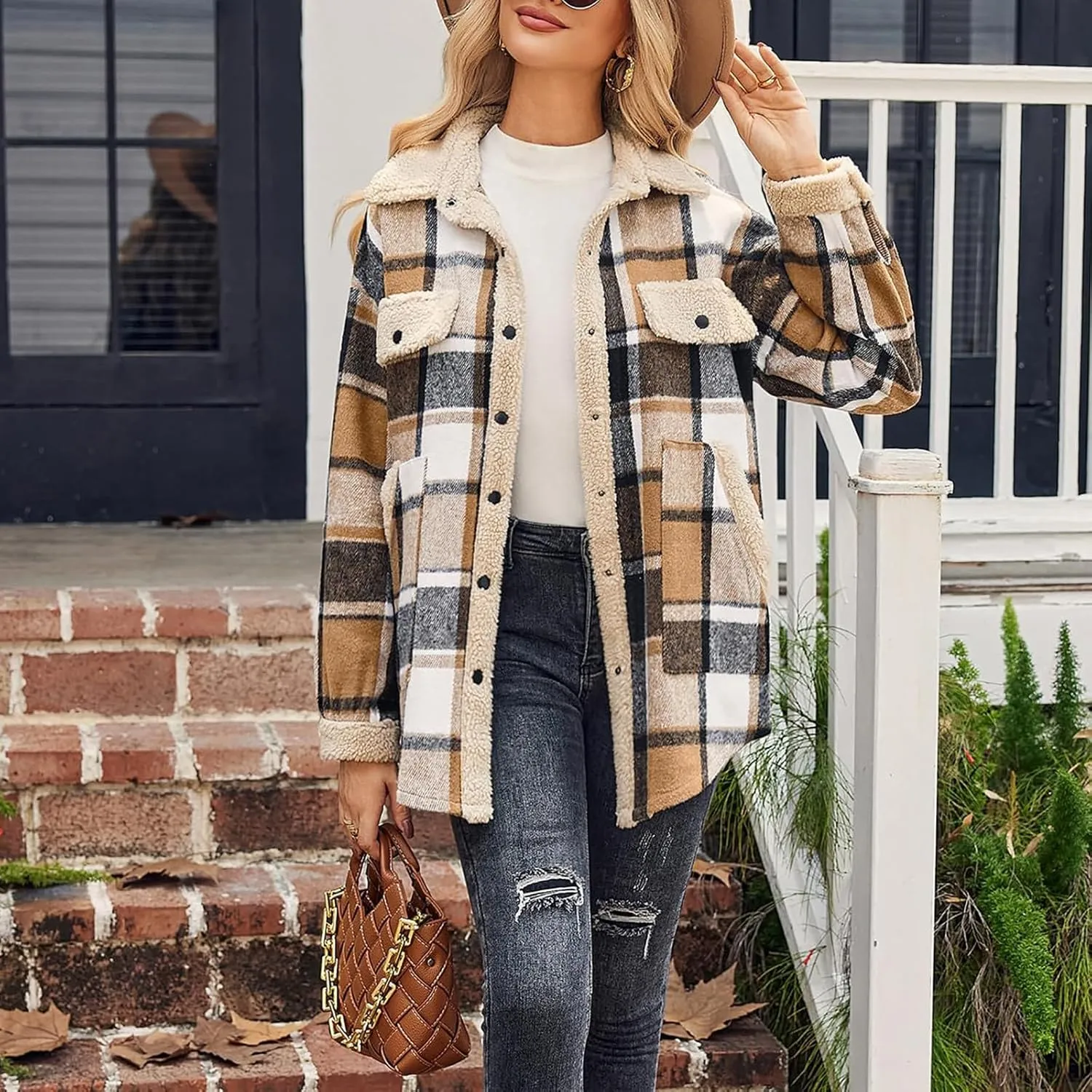 Womens Wool Blend Jackets Plaid Flannel Shackets Jacket Casual Long Sleeve Button Down Shirt Fashion Fall Winter Coat