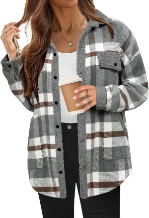 Womens Wool Blend Jackets Plaid Flannel Shackets Jacket Casual Long Sleeve Button Down Shirt Fashion Fall Winter Coat