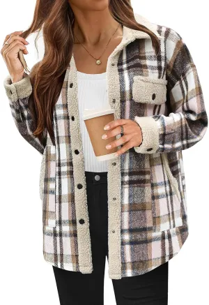 Womens Wool Blend Jackets Plaid Flannel Shackets Jacket Casual Long Sleeve Button Down Shirt Fashion Fall Winter Coat