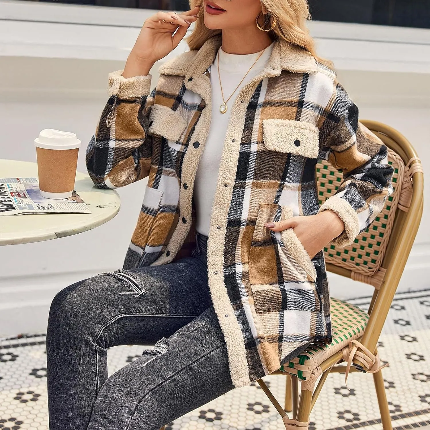 Womens Wool Blend Jackets Plaid Flannel Shackets Jacket Casual Long Sleeve Button Down Shirt Fashion Fall Winter Coat