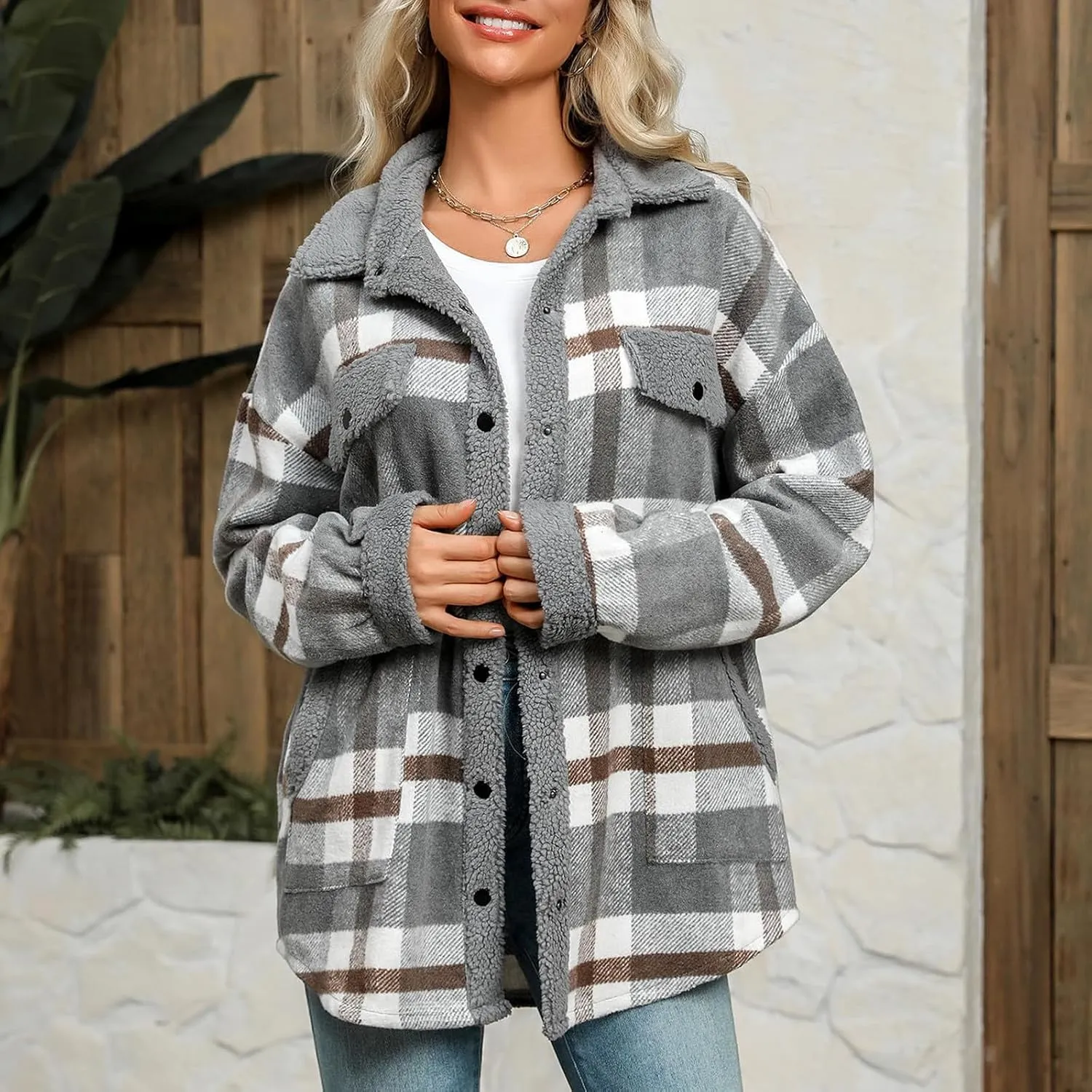 Womens Wool Blend Jackets Plaid Flannel Shackets Jacket Casual Long Sleeve Button Down Shirt Fashion Fall Winter Coat