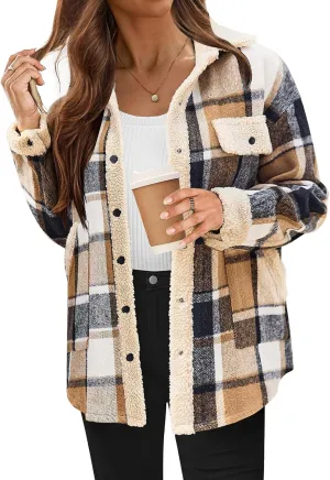 Womens Wool Blend Jackets Plaid Flannel Shackets Jacket Casual Long Sleeve Button Down Shirt Fashion Fall Winter Coat