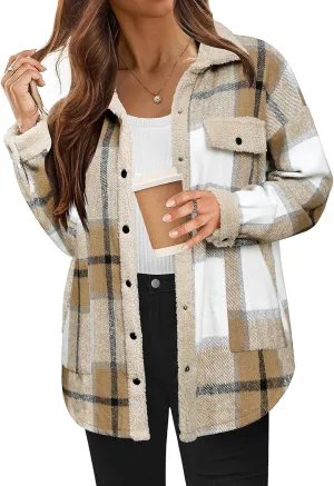 Womens Wool Blend Jackets Plaid Flannel Shackets Jacket Casual Long Sleeve Button Down Shirt Fashion Fall Winter Coat