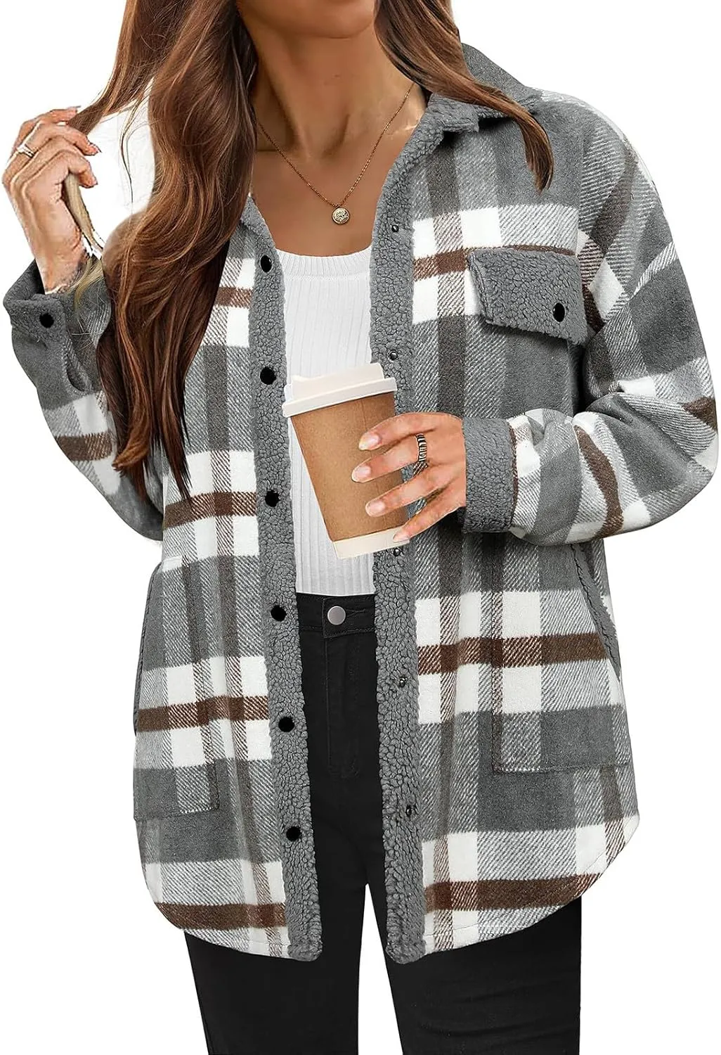 Womens Wool Blend Jackets Plaid Flannel Shackets Jacket Casual Long Sleeve Button Down Shirt Fashion Fall Winter Coat
