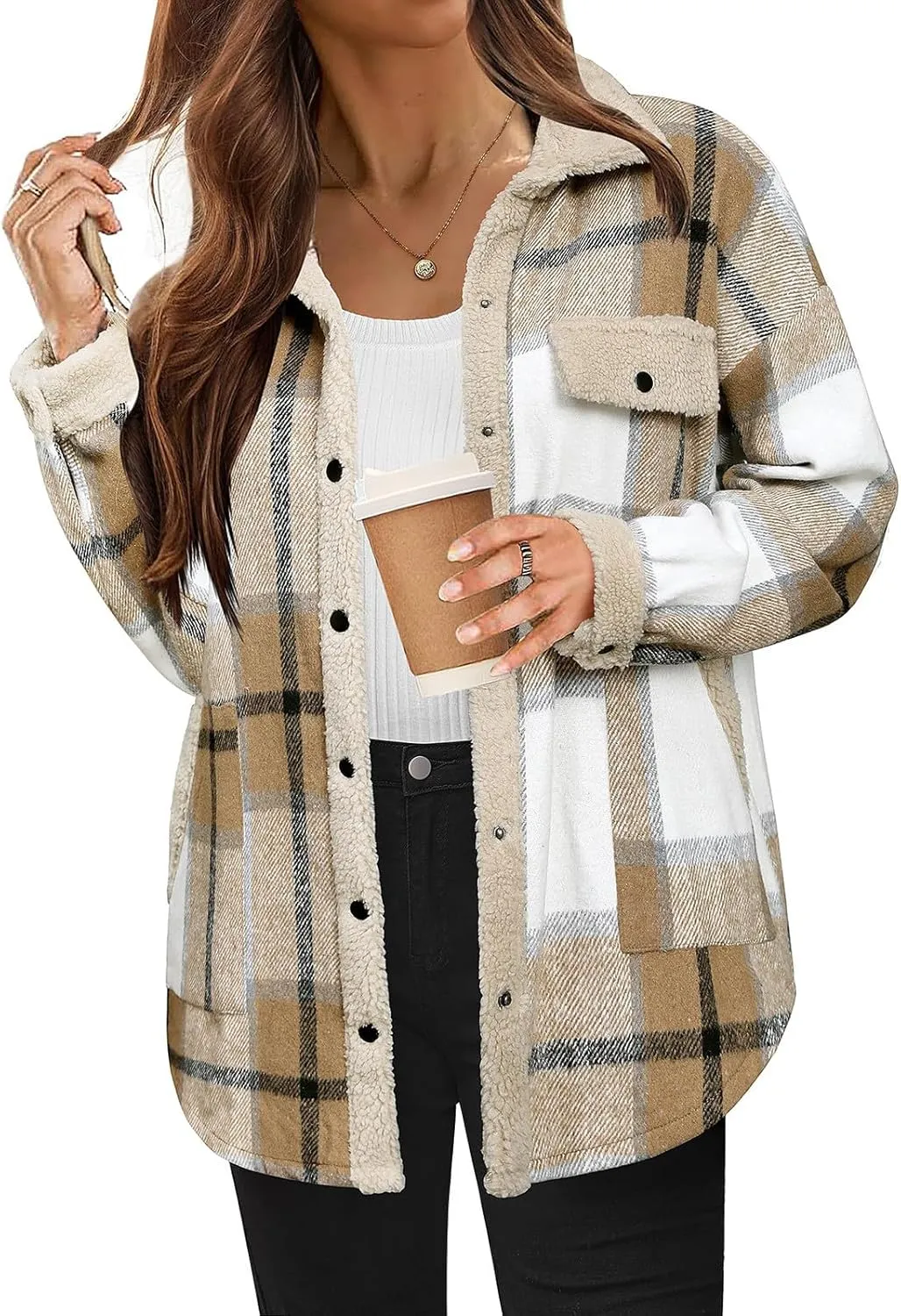 Womens Wool Blend Jackets Plaid Flannel Shackets Jacket Casual Long Sleeve Button Down Shirt Fashion Fall Winter Coat