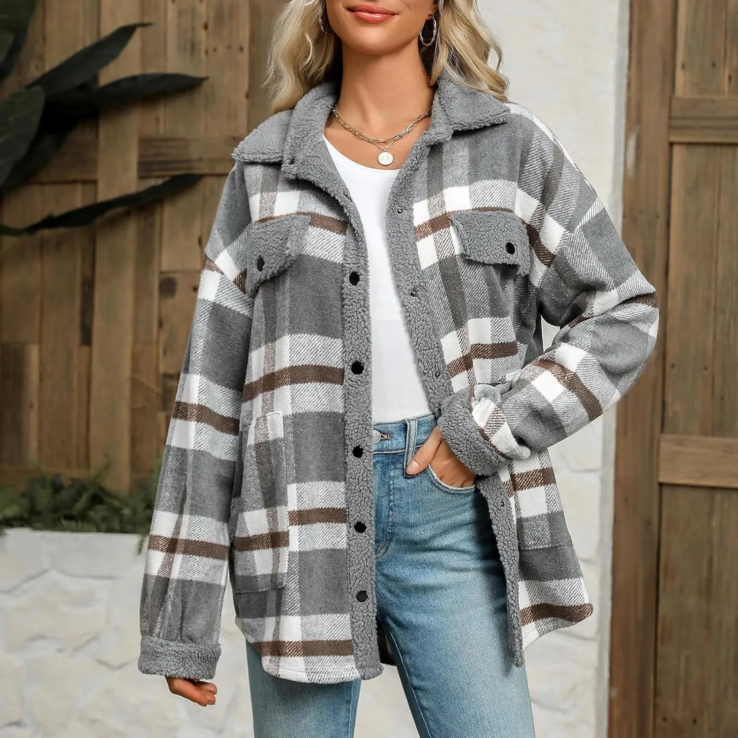 Womens Wool Blend Jackets Plaid Flannel Shackets Jacket Casual Long Sleeve Button Down Shirt Fashion Fall Winter Coat