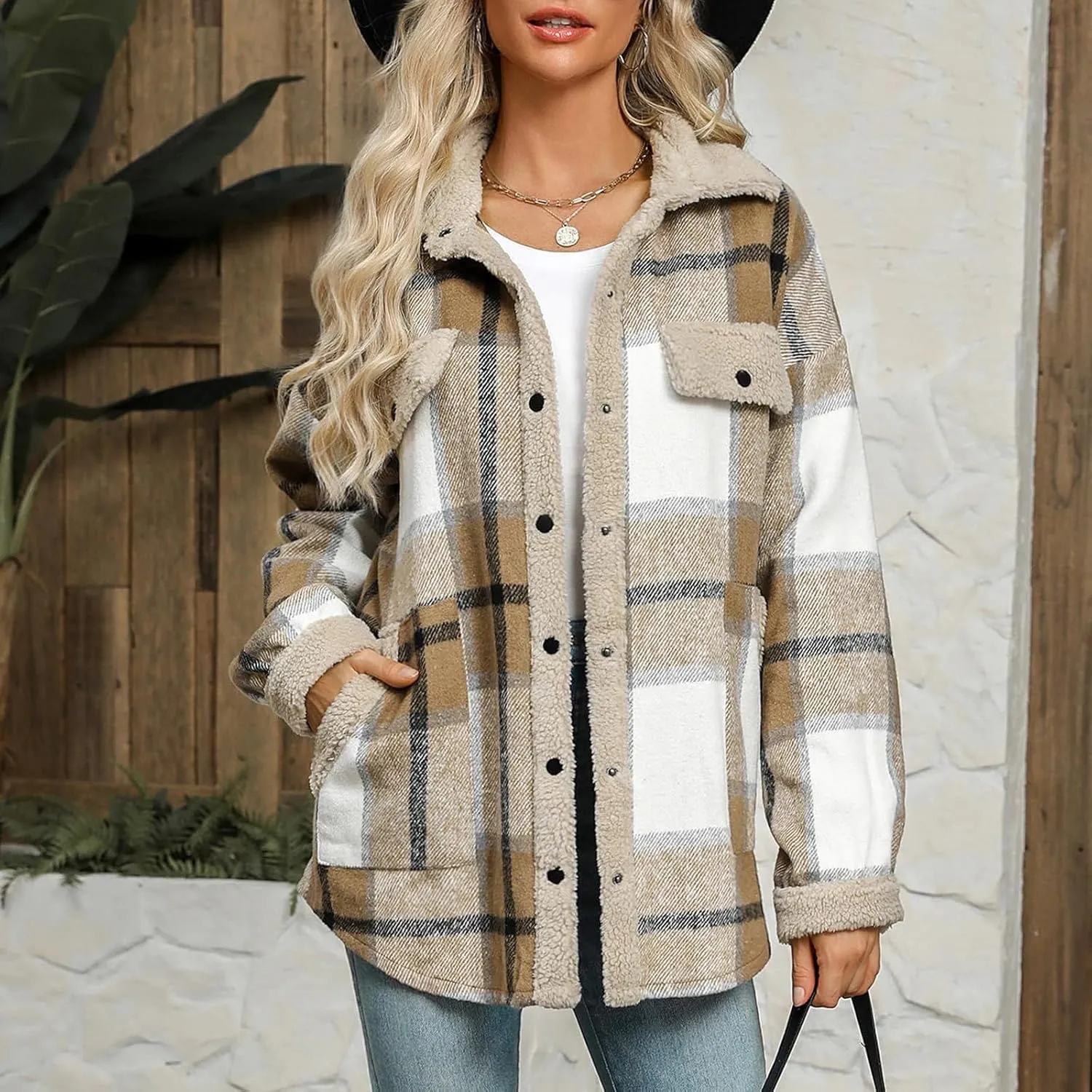 Womens Wool Blend Jackets Plaid Flannel Shackets Jacket Casual Long Sleeve Button Down Shirt Fashion Fall Winter Coat