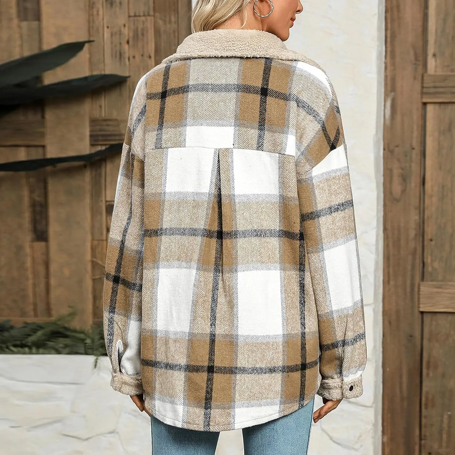 Womens Wool Blend Jackets Plaid Flannel Shackets Jacket Casual Long Sleeve Button Down Shirt Fashion Fall Winter Coat