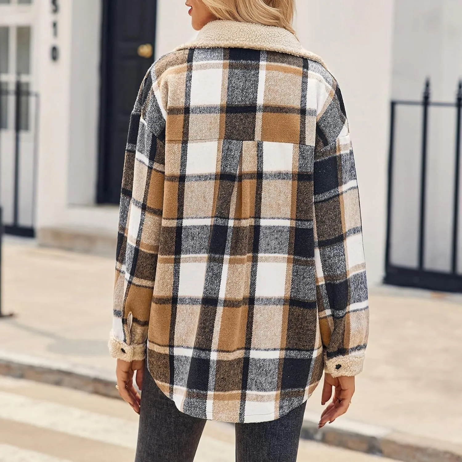 Womens Wool Blend Jackets Plaid Flannel Shackets Jacket Casual Long Sleeve Button Down Shirt Fashion Fall Winter Coat