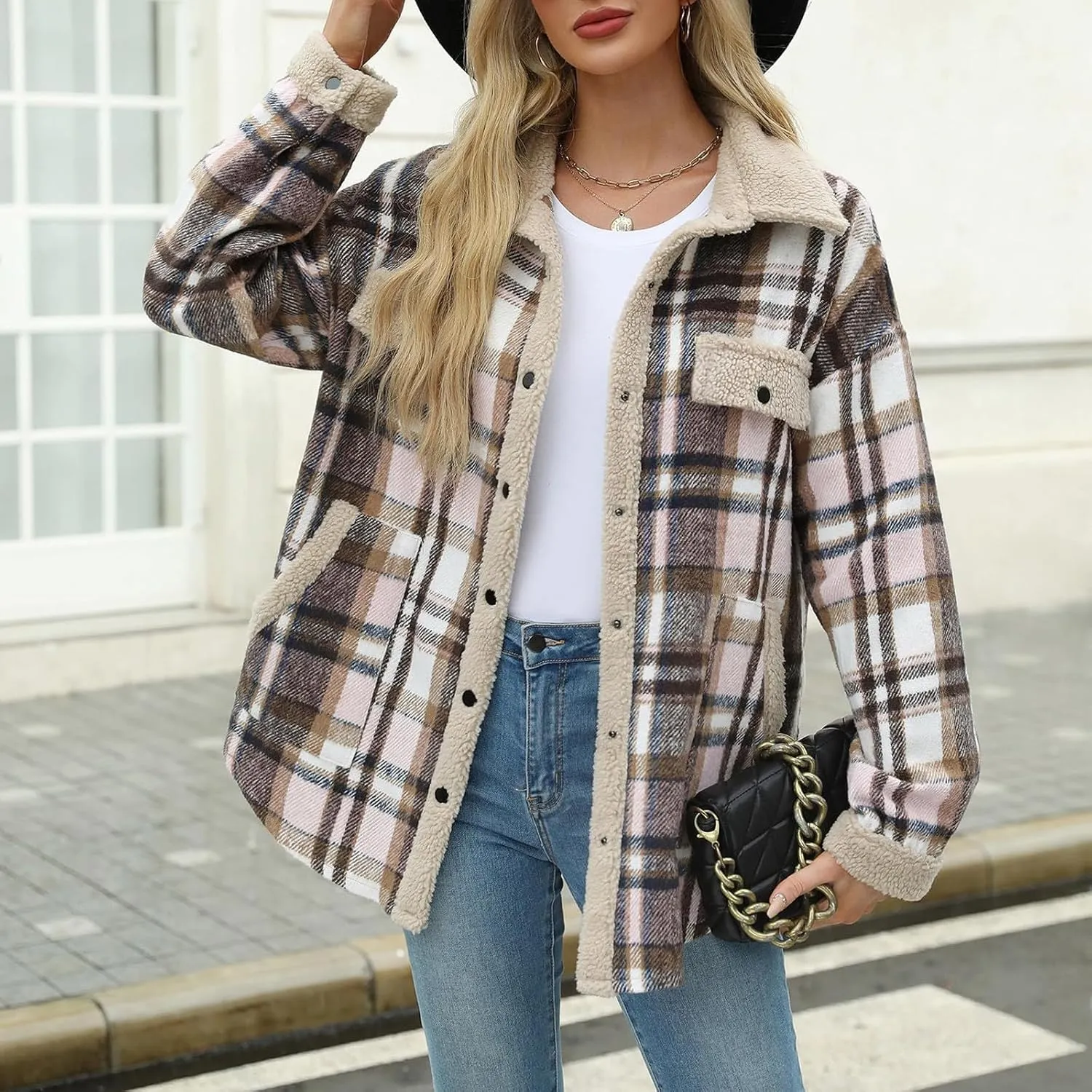 Womens Wool Blend Jackets Plaid Flannel Shackets Jacket Casual Long Sleeve Button Down Shirt Fashion Fall Winter Coat