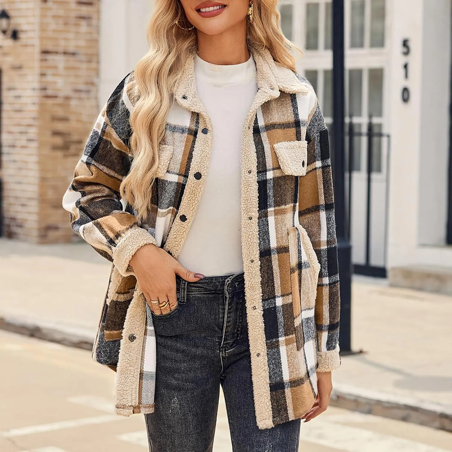 Womens Wool Blend Jackets Plaid Flannel Shackets Jacket Casual Long Sleeve Button Down Shirt Fashion Fall Winter Coat