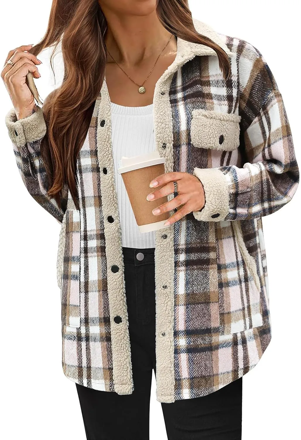 Womens Wool Blend Jackets Plaid Flannel Shackets Jacket Casual Long Sleeve Button Down Shirt Fashion Fall Winter Coat