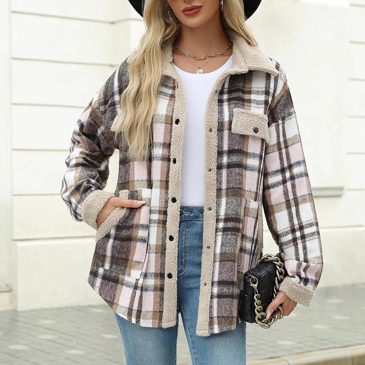 Womens Wool Blend Jackets Plaid Flannel Shackets Jacket Casual Long Sleeve Button Down Shirt Fashion Fall Winter Coat